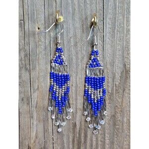 Handmade Beaded Earrings Drop / Dangle Geo Design Approx 3.5 in. Blue/Silver